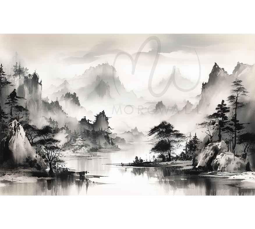 Papier peint paysage abstrait noir et blanc, montagnes, lac et arbres pour décoration murale.