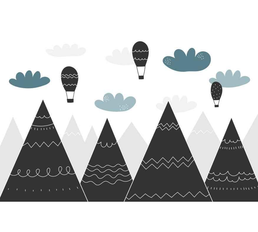 Papier peint design montagnes noires, montgolfières, nuages, déco murale moderne chambre