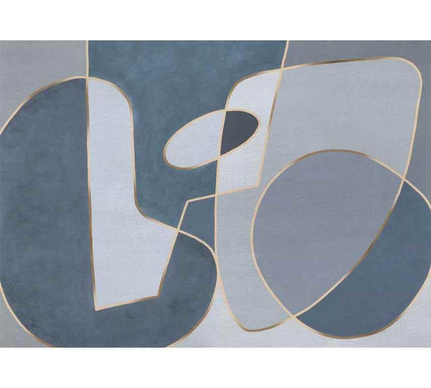 Papier peint abstrait bleu avec formes géométriques et lignes dorées, décoration murale moderne