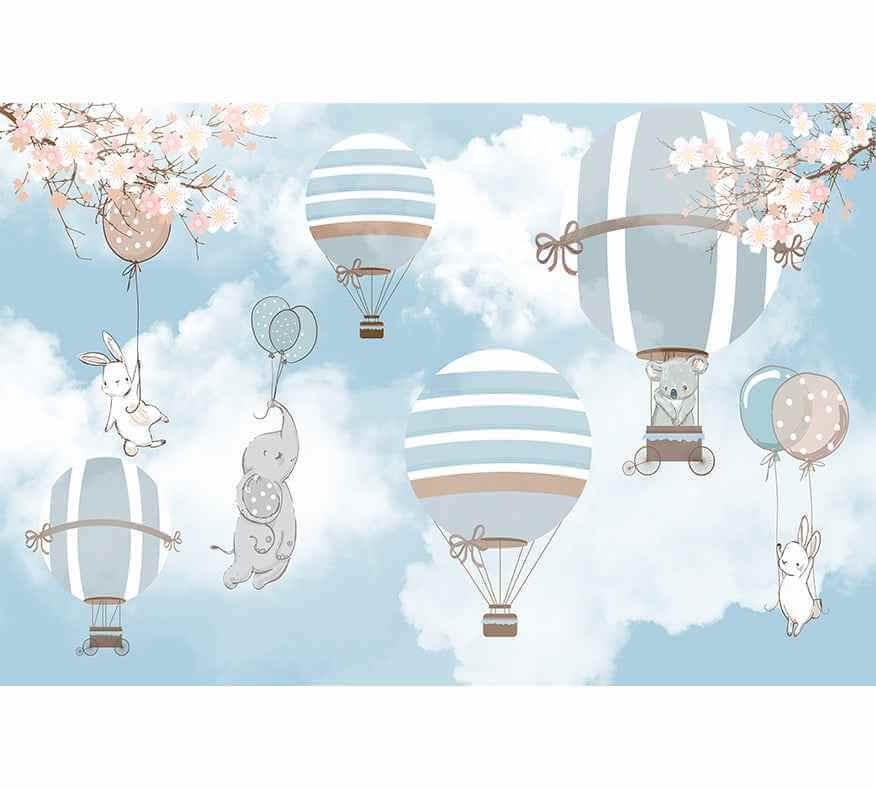 Papier peint décoratif enfants motifs montgolfières bleues, animaux mignons, ciel nuageux
