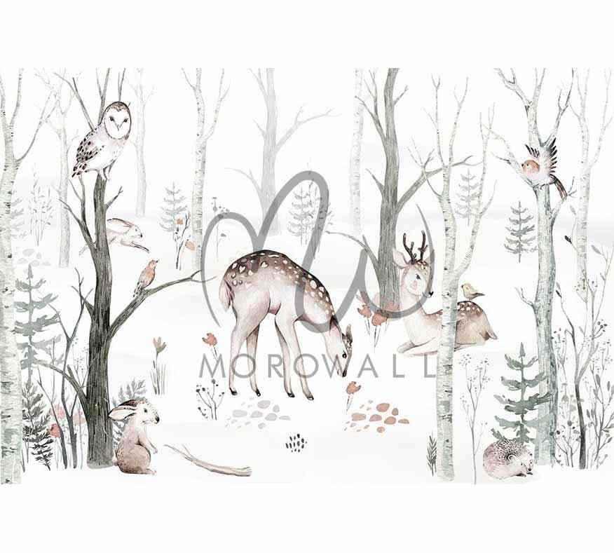 Papier peint forêt avec cerfs, hibou, oiseaux, lapins et hérisson pour chambre enfant