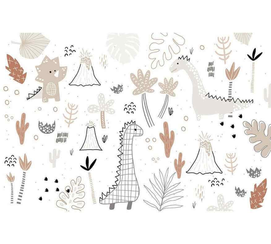 Papier peint vectoriel dinosaure pour chambre d'enfant, motifs dinosaures et plantes, tons beige