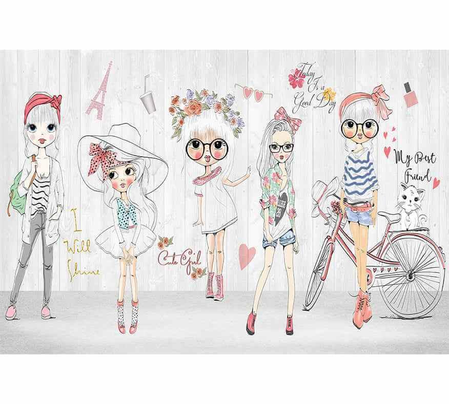 Papier peint chambre fille avec dessins de jeunes filles stylées, vélo, motifs fleurs et cœurs