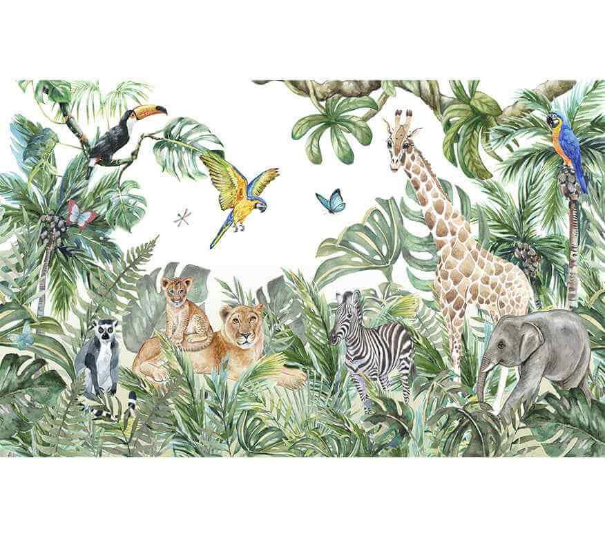 Papier peint jungle animaux sauvages, girafe, lion, éléphant, zèbre, perroquet, feuillage exotique