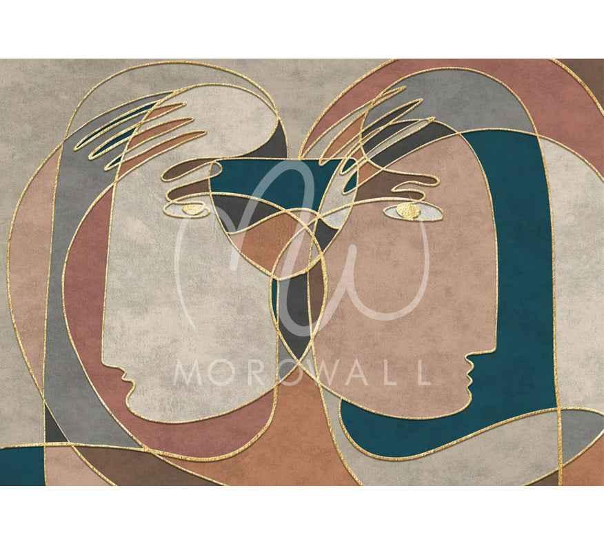 Papier peint design visage abstrait lignes dorées, couleurs beige, bleu et marron, décoration murale moderne.