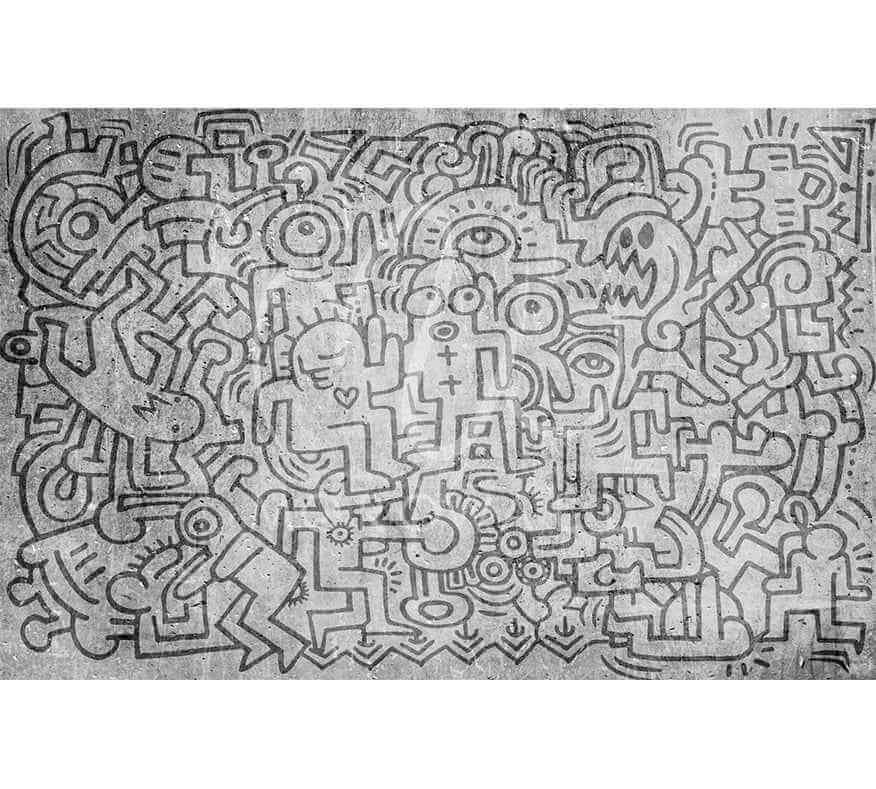 Papier peint graffiti noir et blanc, motifs abstraits et silhouettes artistiques modernes