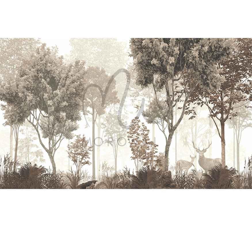 Papier peint décoratif motif cerf en forêt, tons nature beige et marron