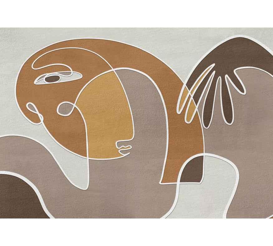 Papier peint design visages abstraits en tons beige, marron et ocre, style moderne.