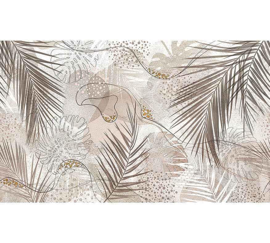 Papier peint abstrait feuilles de palmier marron beige, design végétal moderne décoratif.