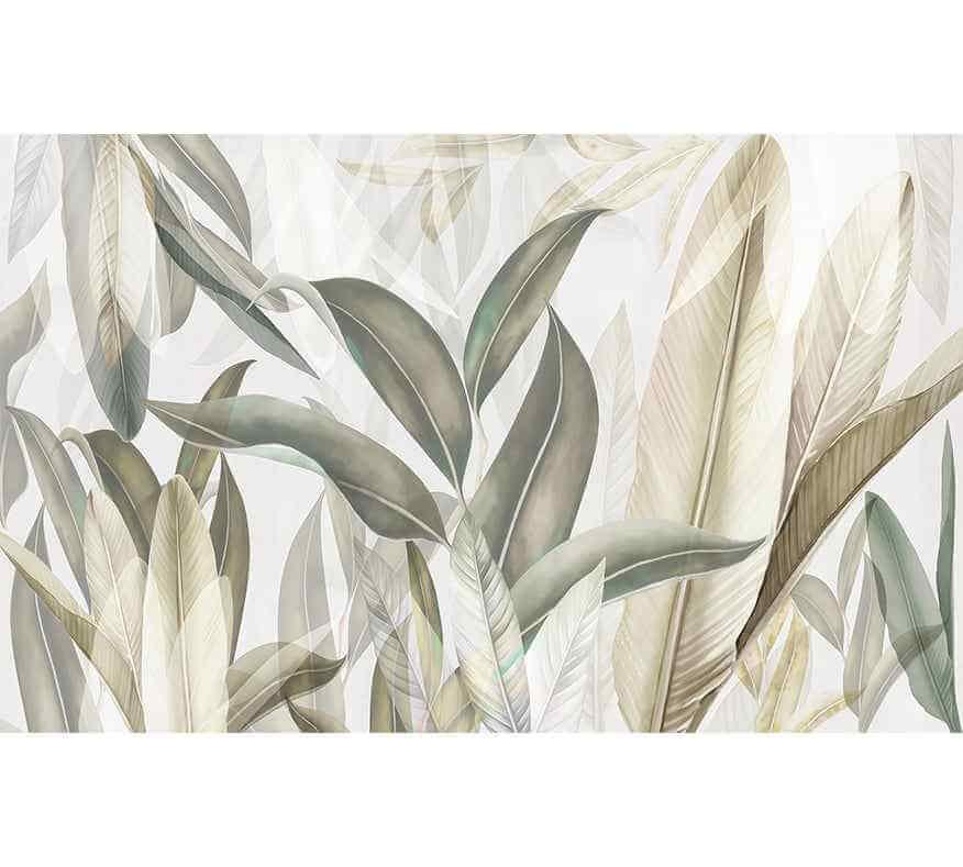 Papier peint feuiles vertes et beiges, motif botanique sur fond clair, décor mural