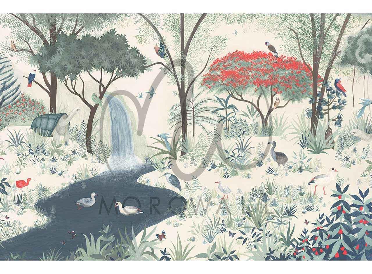 Papier peint nature représentant une forêt tropicale, cascade, oiseaux, tortue et végétation luxuriante.
