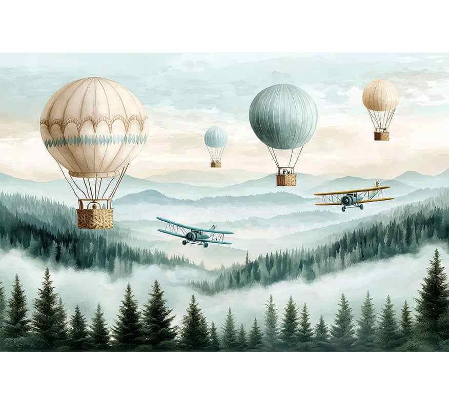 Papier peint paysage forêt, montgolfières et avions vintage sur montagnes brumeuses
