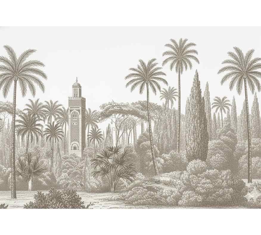 Papier peint décoratif avec palmiers et mosquée, style oriental, paysage marocain.