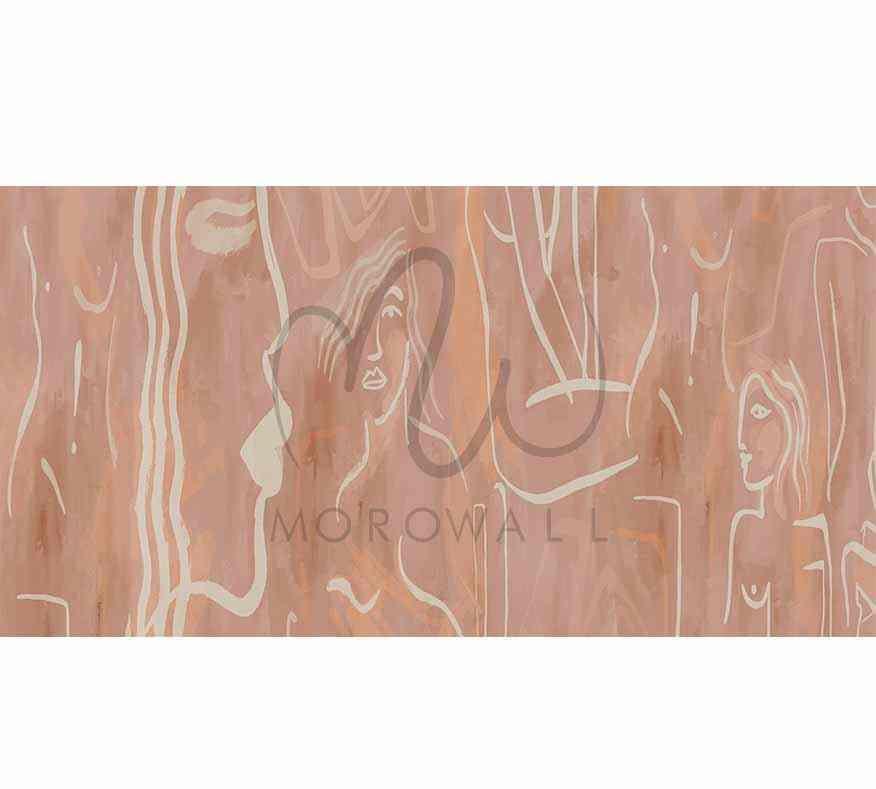 Papier peint terracotta line art, silhouettes féminines sur fond marron décoratif