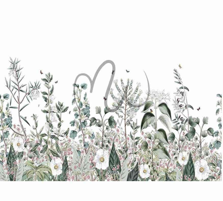 Papier peint botanique avec fleurs blanches et feuillage vert, style jardin printanier