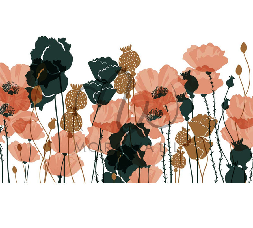 Papier Peint Green and Salmon Flowers 1