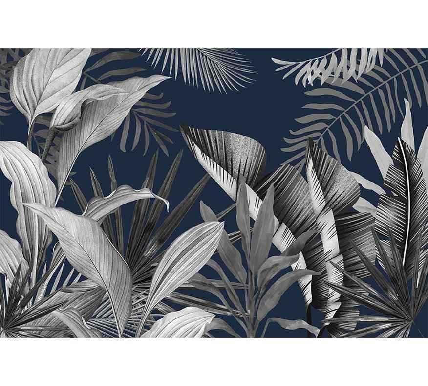 Papier peint feuilles tropicales bleu et gris, décoration murale moderne