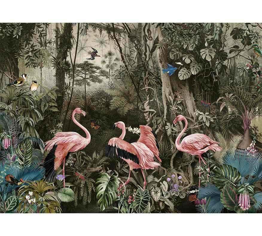 Papier peint motifs flamants roses dans une jungle tropicale, oiseaux et feuillage luxuriant