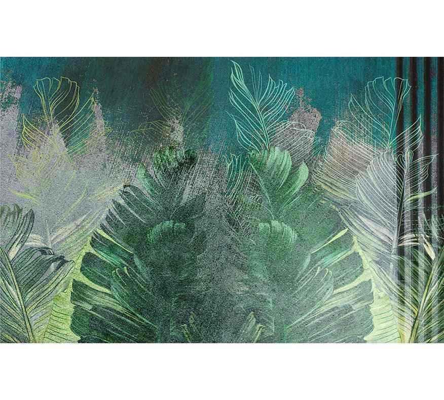 Papier peint végétal vert avec motifs de grandes feuilles exotiques sur fond bleu-vert