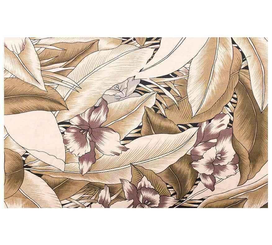 Papier peint floral jaune et beige avec grandes feuilles et fleurs dessinées, motif nature élégant