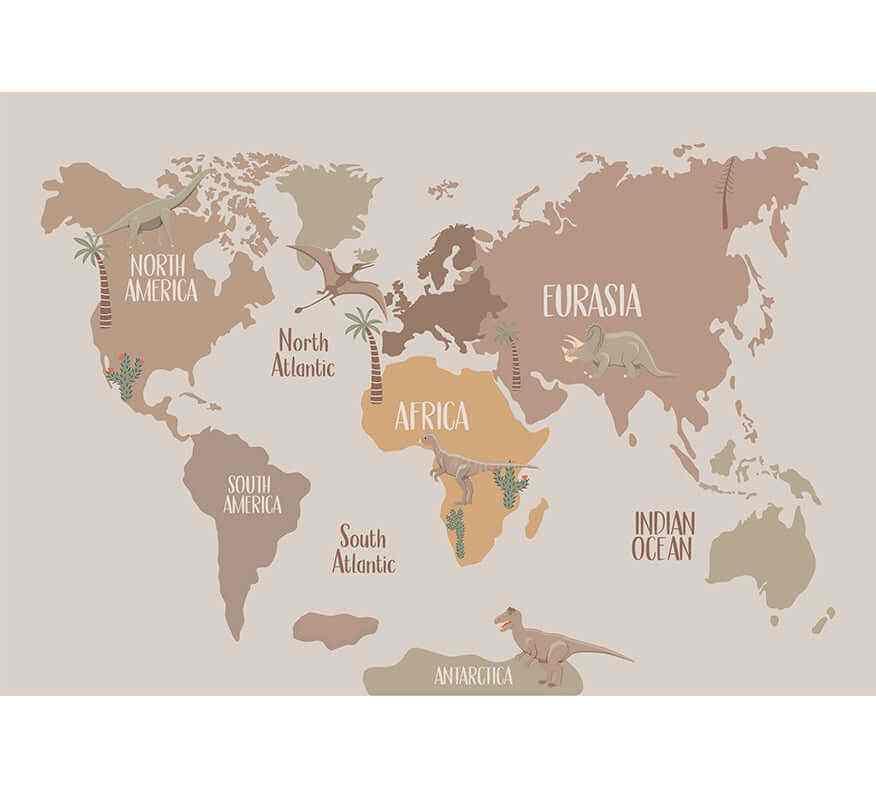 Carte du monde illustrée avec dinosaures et plantes, papier peint décoratif enfant