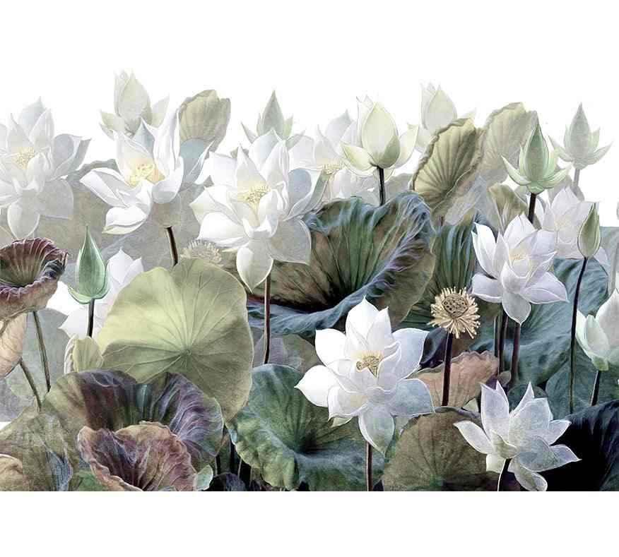 Papier peint fleurs blanches et feuilles vertes, déco murale florale élégante