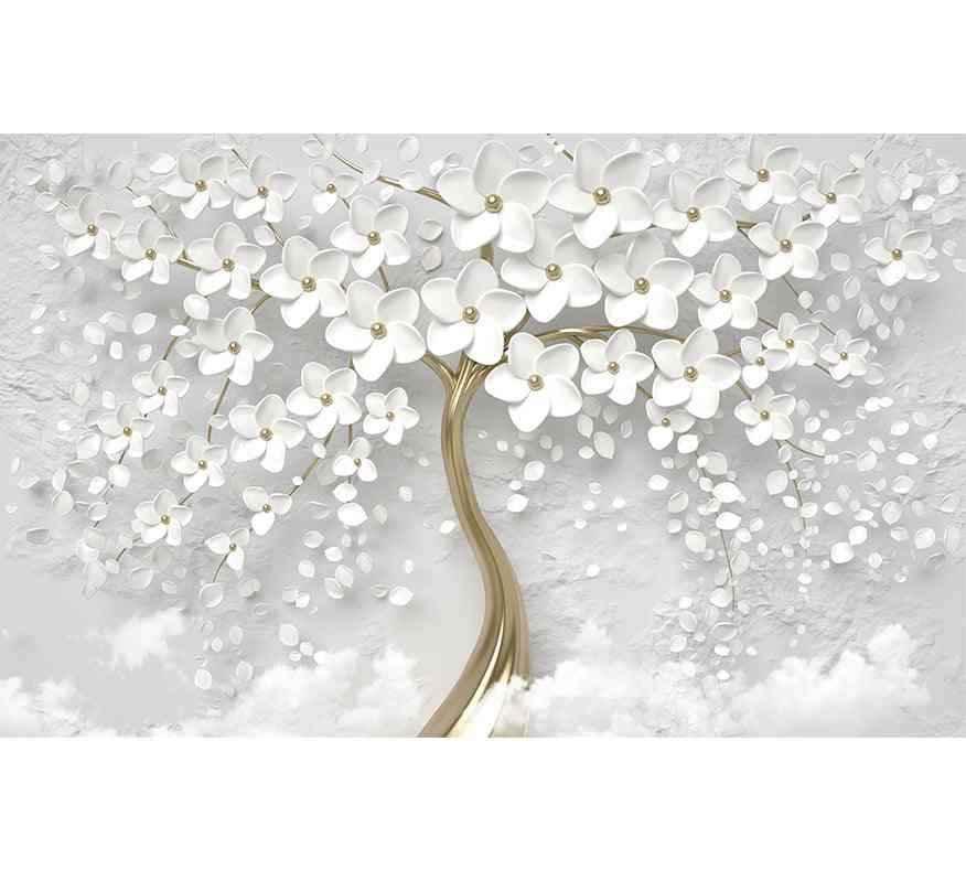 Papier peint mural avec arbre doré et fleurs blanches en relief sur fond texturé