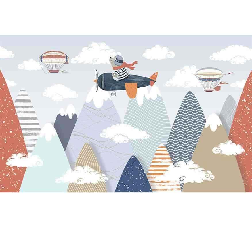 Papier peint chambre enfant motif ours pilote, montgolfières et montagnes colorées dans le ciel