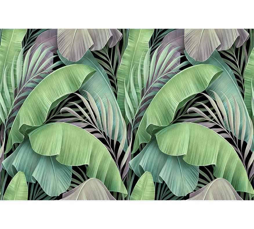 Papier peint botanique motif feuilles tropicales vertes et violettes, décoration murale moderne