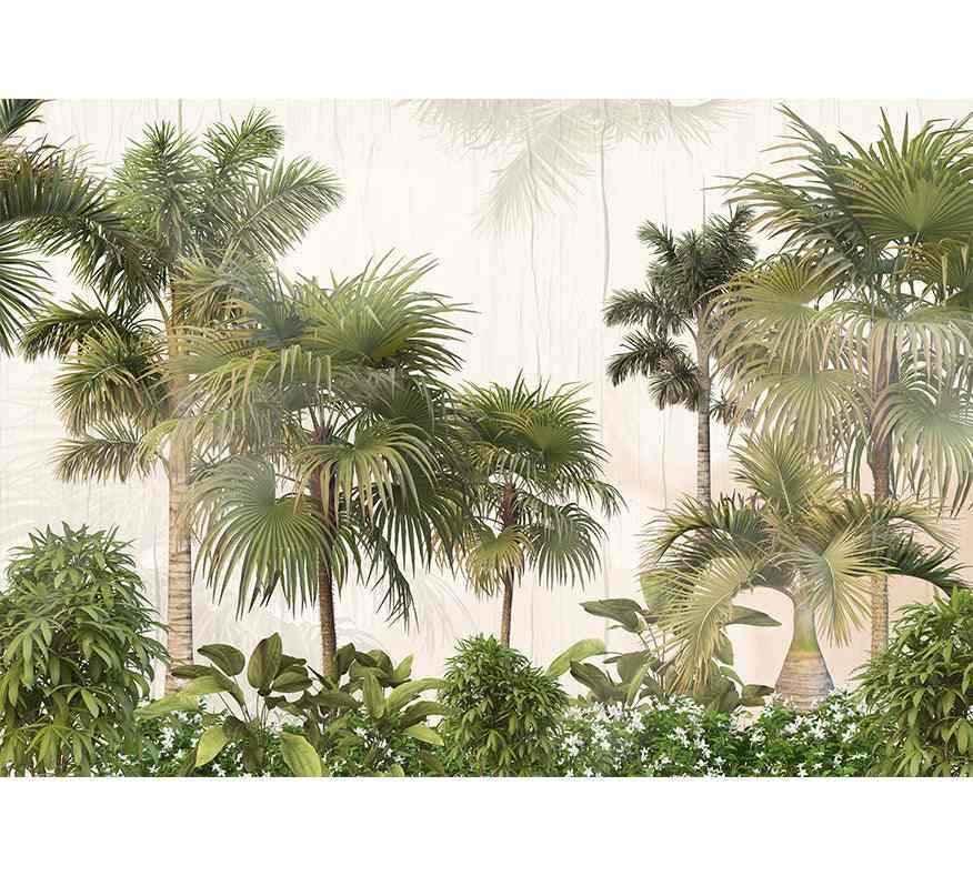 Papier peint décoratif avec motifs de palmiers marocains et feuillage exotique, ambiance naturelle