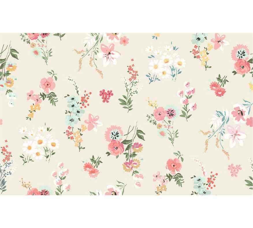 Papier peint motif floral pastel, fond beige, fleurs roses et blanches décoratives.
