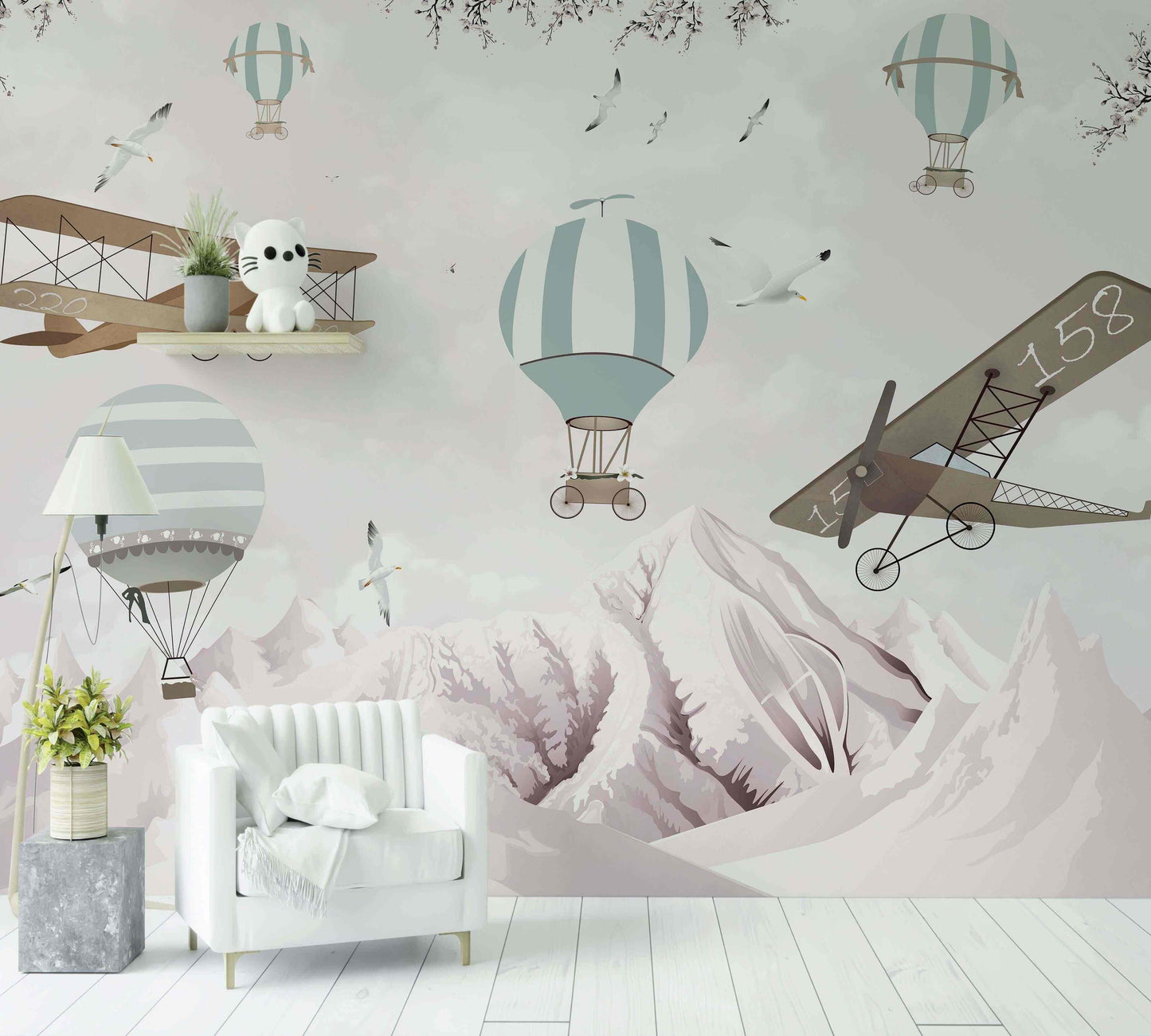 Papier peint mural enfant motif montgolfières, avions vintage et montagnes décoratives