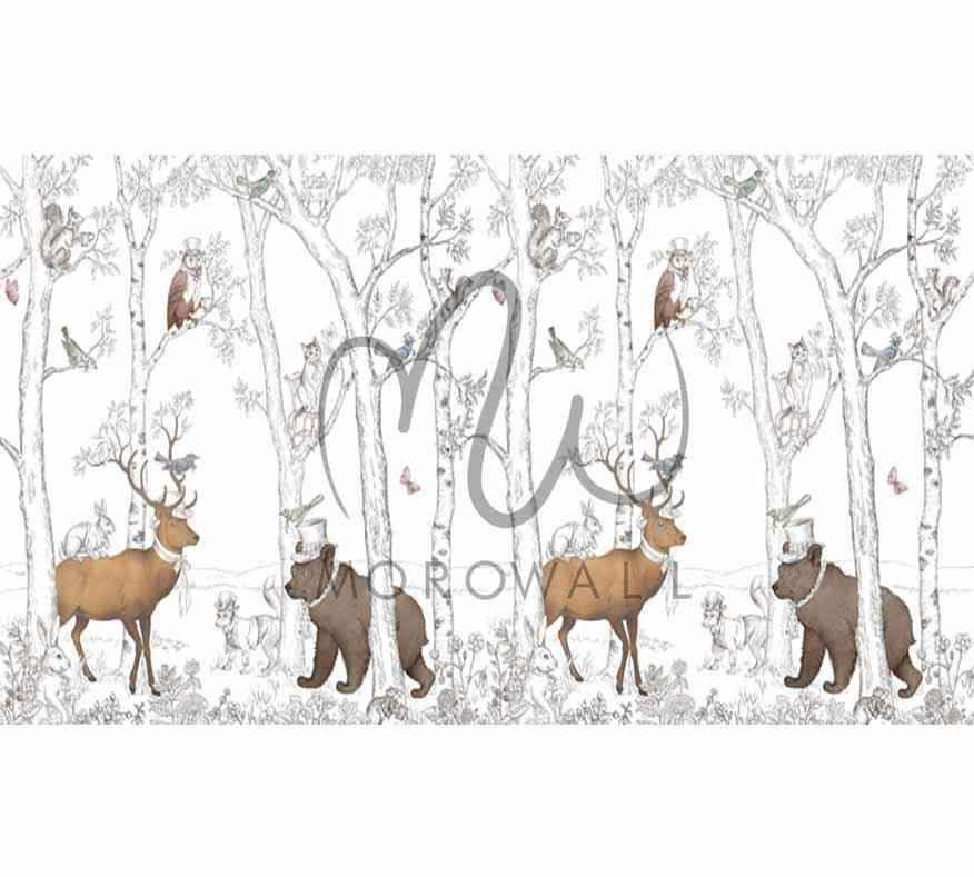 Papier peint forêt animaux, motif cerf, ours, hibou et écureuils pour décoration murale.