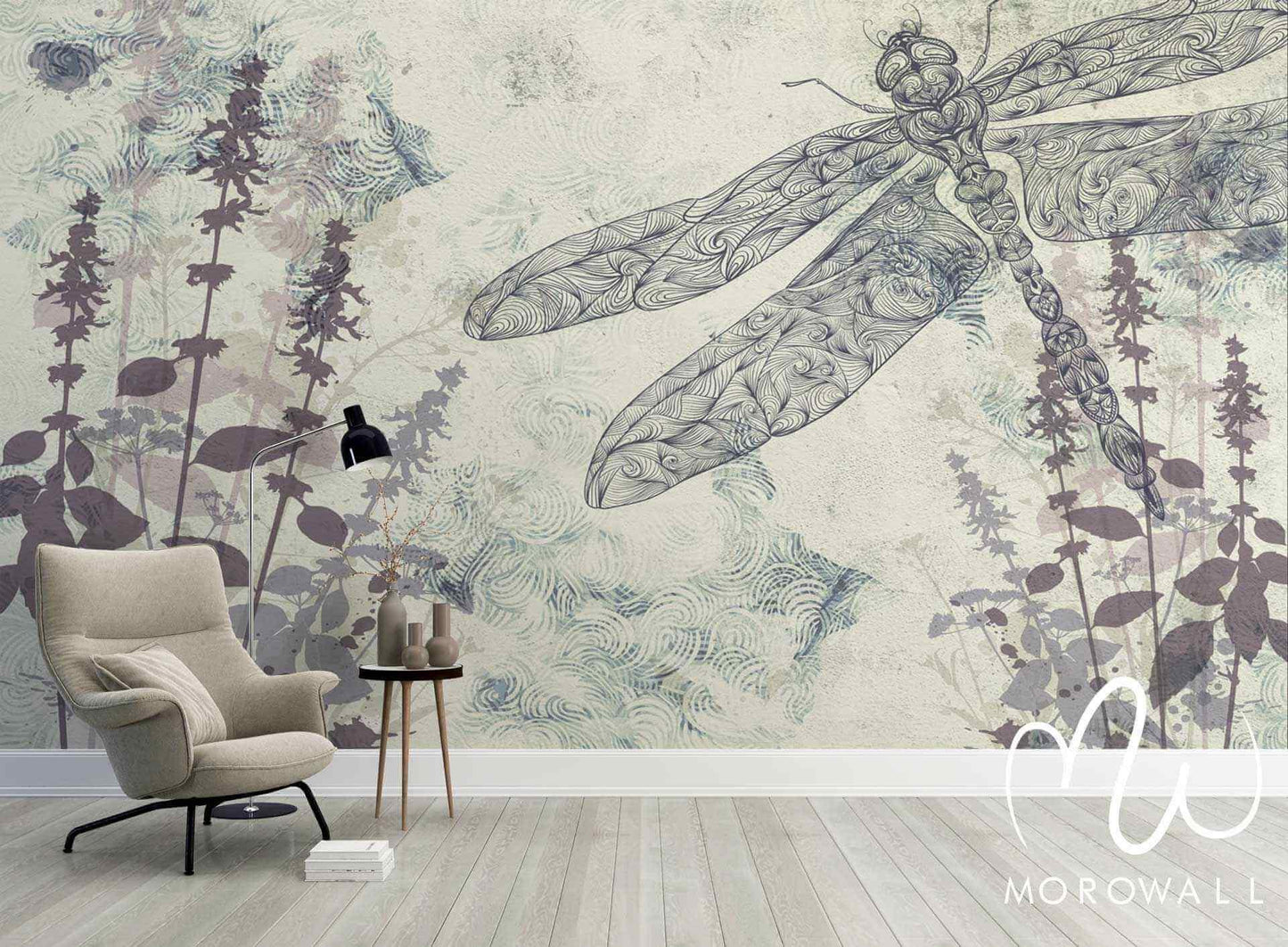 Papier peint salon avec libellule artistique sur fond floral, style moderne et élégant.