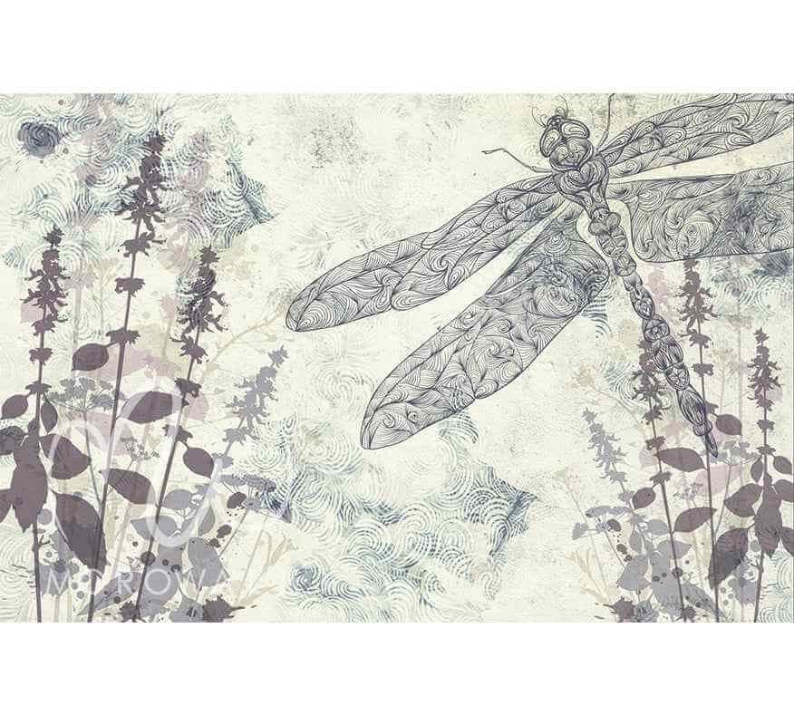 Papier peint design libellule dessinée, fond nature florale en tons pastel, décor mural élégant