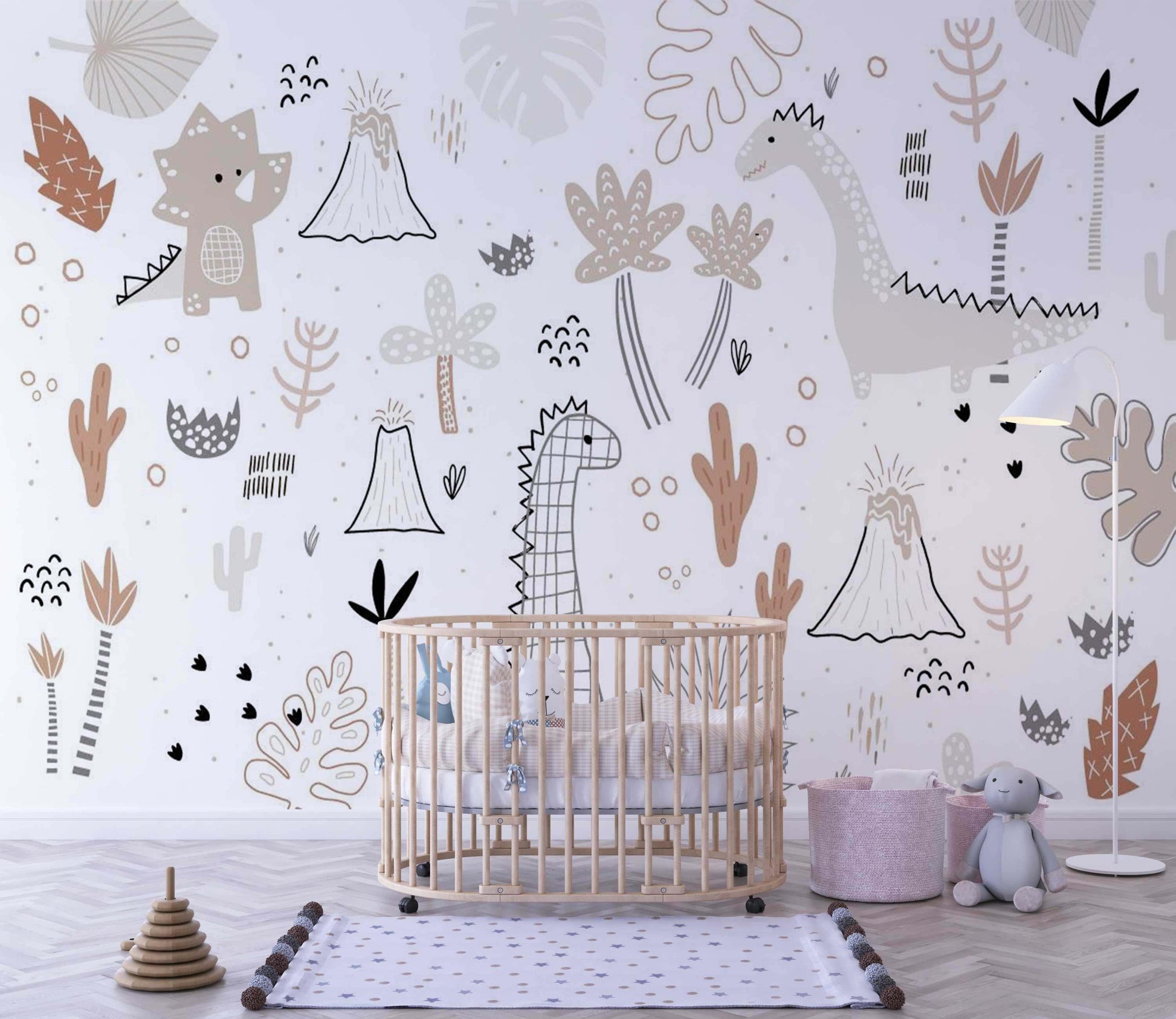 Papier peint dinosaure vectoriel beige et gris pour chambre bébé, décor mural tendance.