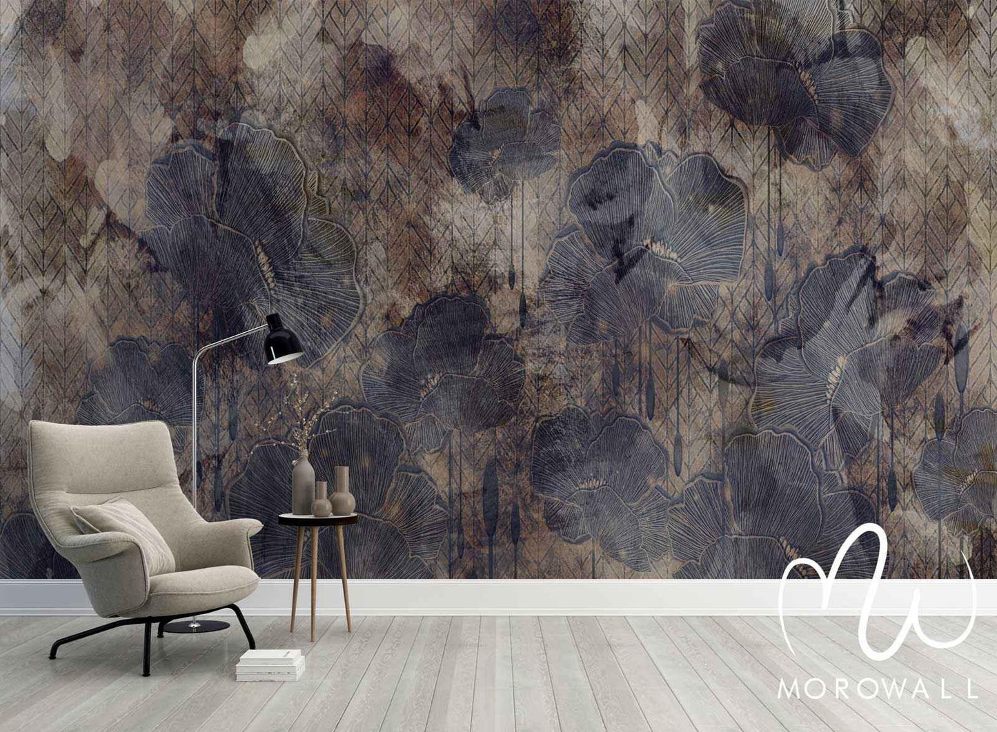 Papier peint floral design moderne avec fleurs graphiques sombres dans un salon élégant