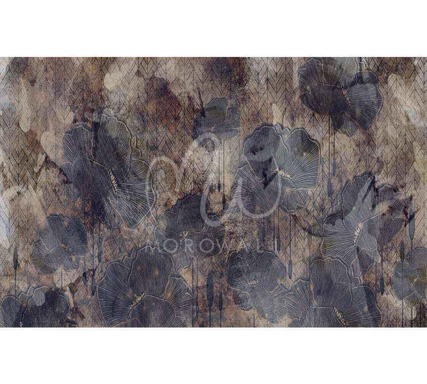 Papier peint décoratif fleurs sombres et motifs géométriques, ambiance élégante murale