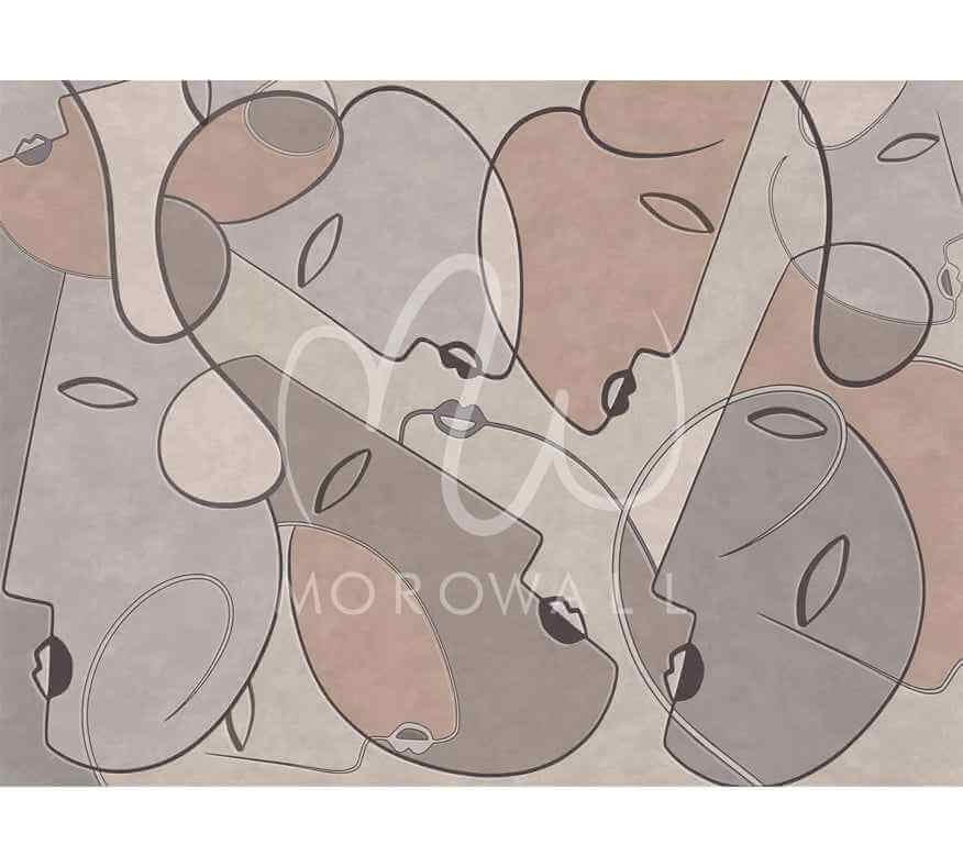 Papier peint design abstrait visages dessinés, tons beige et rose, décoration murale moderne