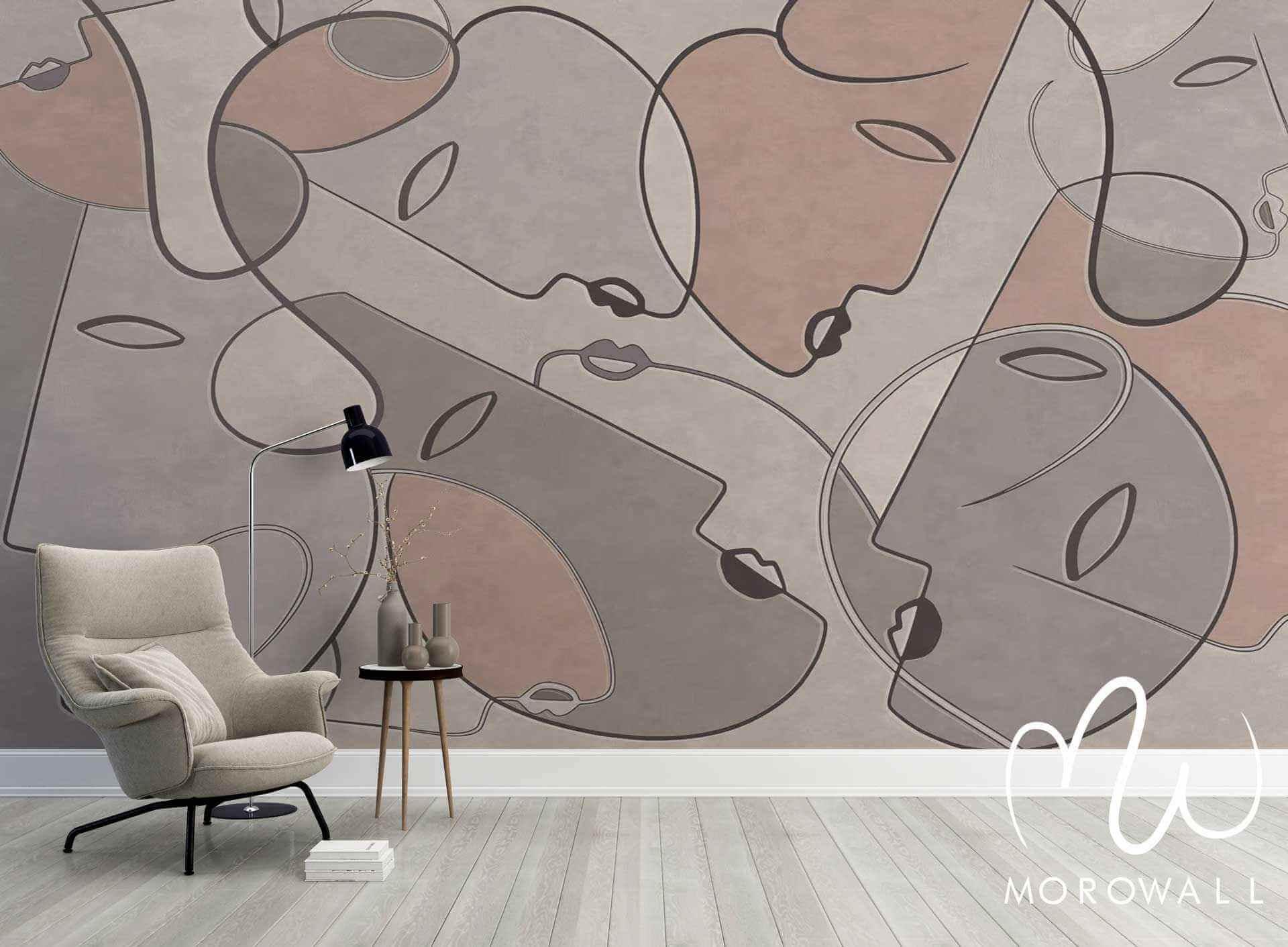 Papier peint design abstrait visages minimalistes beige et rose, décoration salon moderne