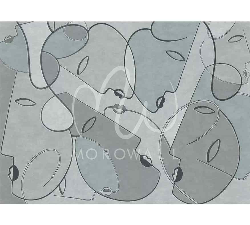Papier peint gris motifs visages artistiques, design contemporain mural décoratif.