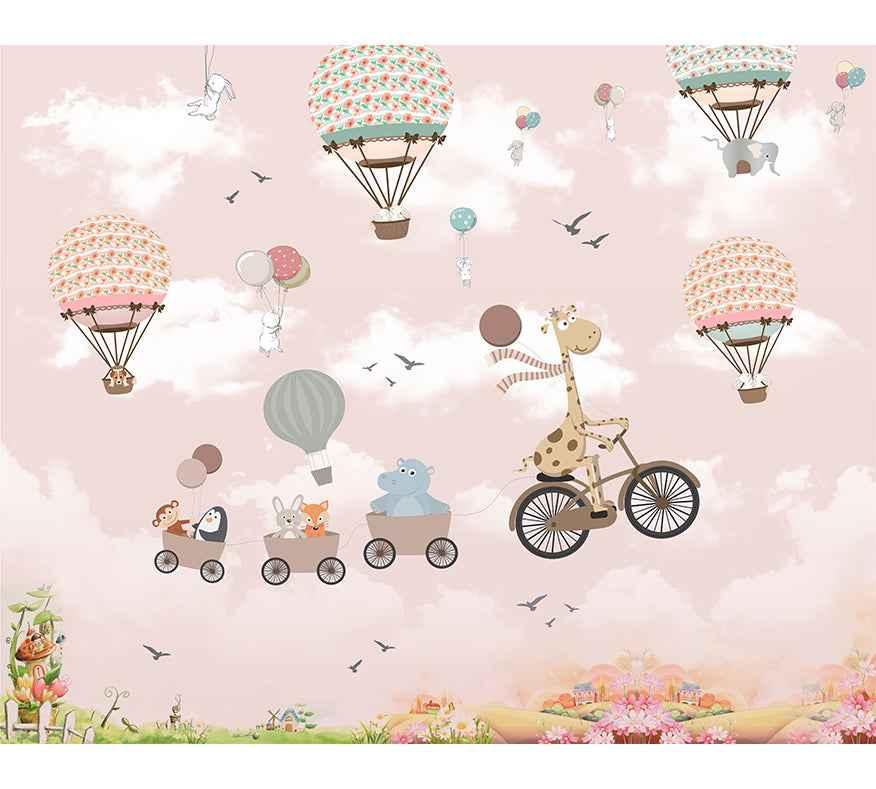 Papier peint enfant animaux mignons dans montgolfières et vélo sur fond rose, décor chambre.