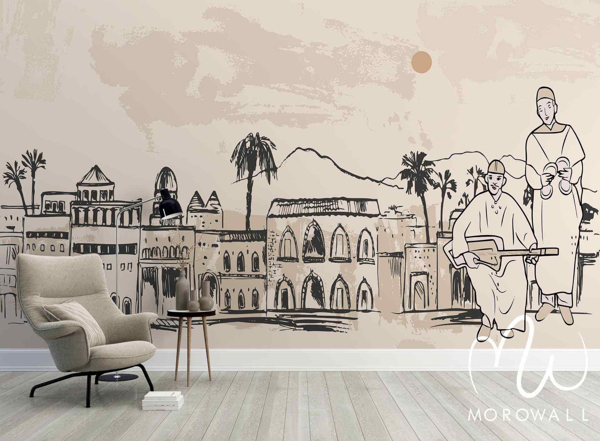 Papier peint design Marrakech, paysage urbain marocain avec musiciens, style croquis mural