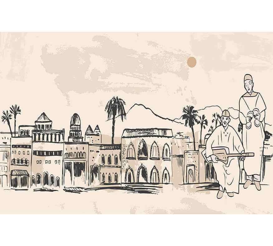Papier peint décoratif illustrant une scène traditionnelle de Marrakech, avec musiciens gnawa, palmiers et architecture marocaine.