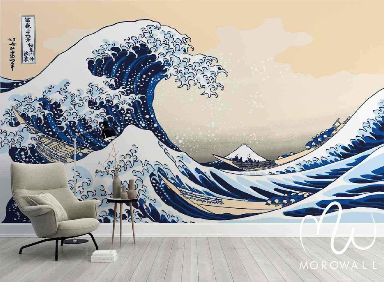 Papier peint mural vague japonaise Hokusai décoratif, salon moderne, bleu et beige