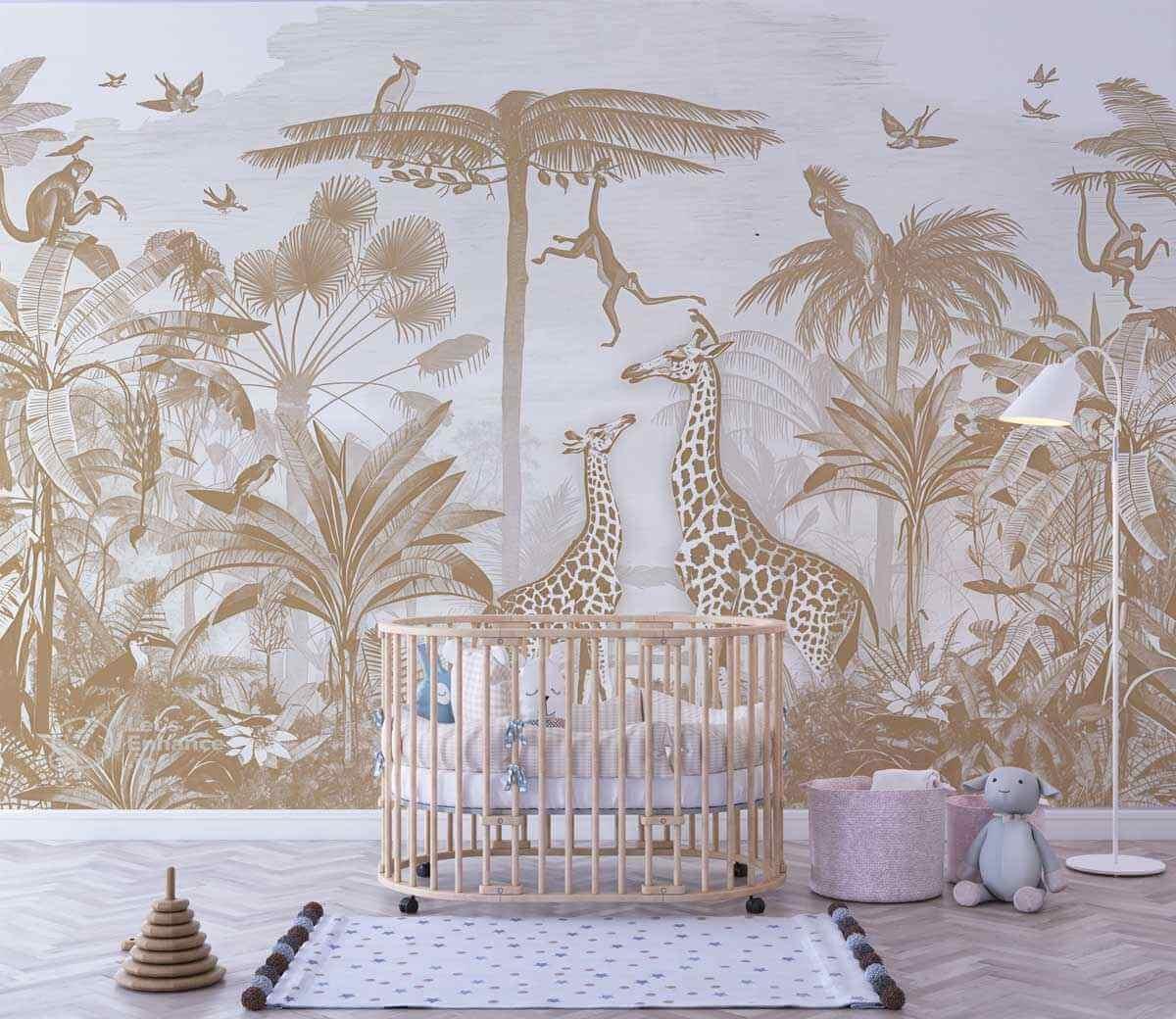 Papier peint jungle sépia avec girafes, singes et palmiers, déco murale chambre bébé