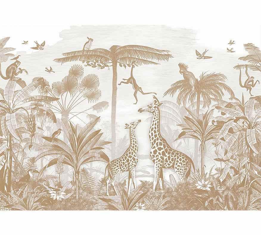 Papier peint jungle sépia avec girafes, singes, oiseaux et plantes exotiques décoratives.