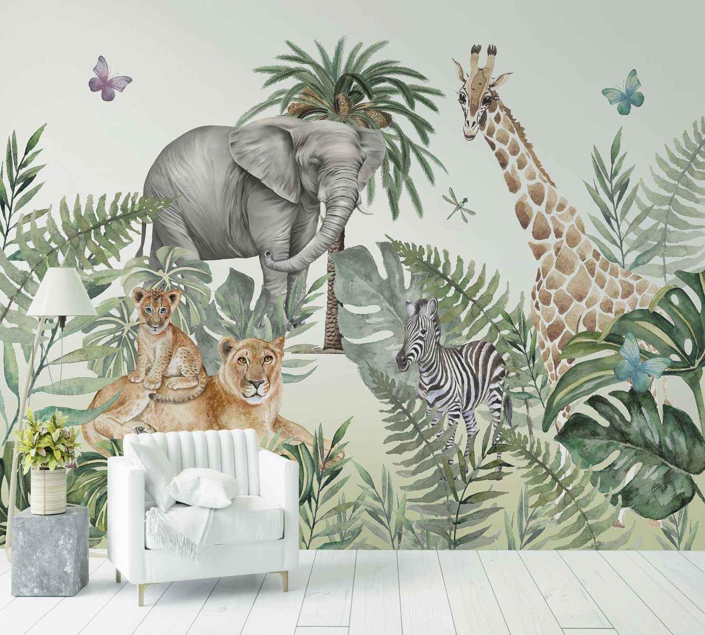 Papier peint jungle animaux avec éléphant, girafe, lion, zèbre et feuillage tropical, décor mural enfant