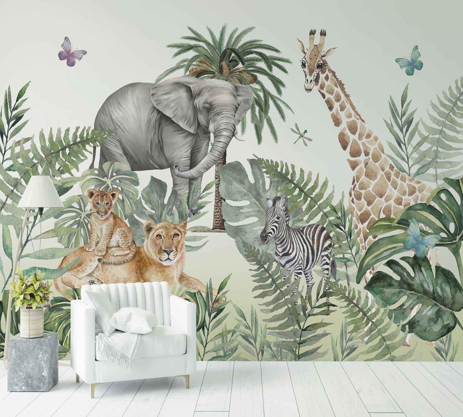 Papier peint jungle animaux avec éléphant, girafe, lion, zèbre et feuillage tropical, décor mural enfant