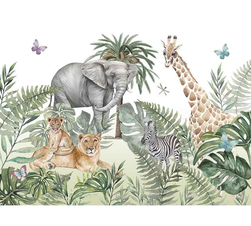 Papier peint jungle avec éléphant, girafe, zèbre, lions et feuillage tropical pour chambre enfant